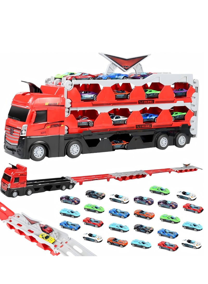 Race Car Track Toy Truck Toy with Slots & Foldable Race Tracks Transport Car Carrier Toy for Toddlers Cars Toy Set Container Truck Toy with 24S mall Cars Vehicles Toy Set for 3+ Kids Boys Girls  - Image 4
