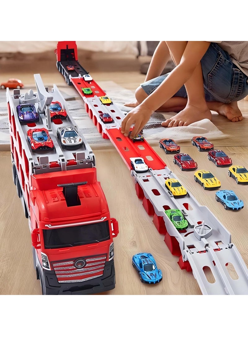 Race Car Track Toy Truck Toy with Slots & Foldable Race Tracks Transport Car Carrier Toy for Toddlers Cars Toy Set Container Truck Toy with 24S mall Cars Vehicles Toy Set for 3+ Kids Boys Girls  - Image 2
