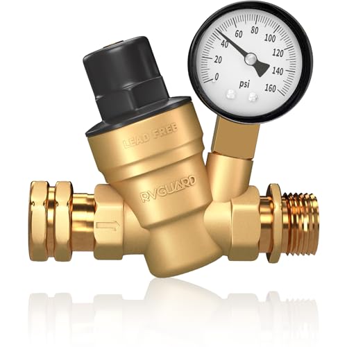 RVGUARD RV Water Pressure Regulator Valve, Brass Lead-Free Adjustable Water Pressure Reducer with Gauge and Inlet Screen Filter for RV Camper Travel Trailer - Image 1