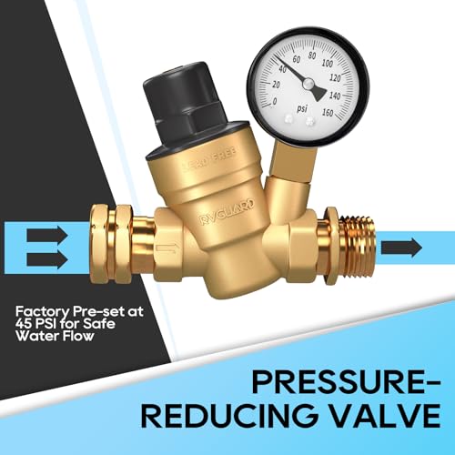 RVGUARD RV Water Pressure Regulator Valve, Brass Lead-Free Adjustable Water Pressure Reducer with Gauge and Inlet Screen Filter for RV Camper Travel Trailer - Image 2