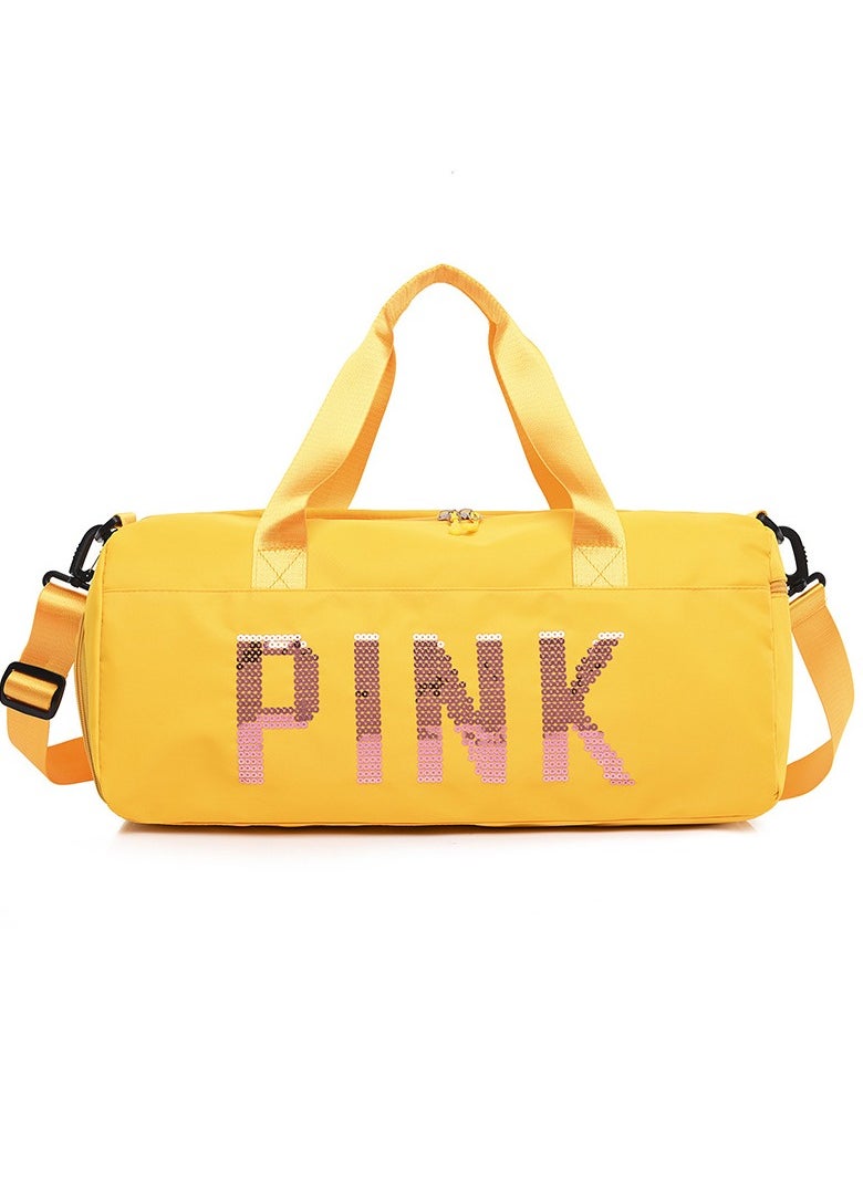 إسكدنيا Large Capacity Letter Printed Sequins Luggage Bag Travel Bag Sports And Fitness Bag Dry Wet Separation Duffel Bag Yellow/Pink 