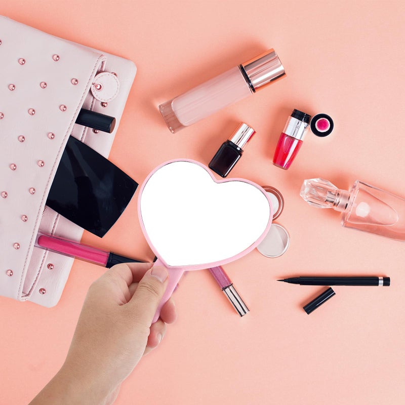 Pink Heart Shaped Handheld Travel Makeup Mirror Portable Vanity Mirror - Image 5