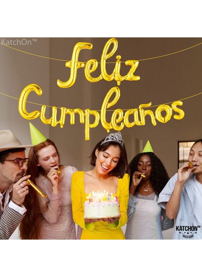 KATCHON Gold Feliz Cumpleanos Banner Balloon 16 Inch ; Script Feliz Cumpleaños Balloons For Feliz Cumpleanos Decorations ; Cursive Happy Birthday Balloons Banner For Spanish Birthday Decorations  - Image 3