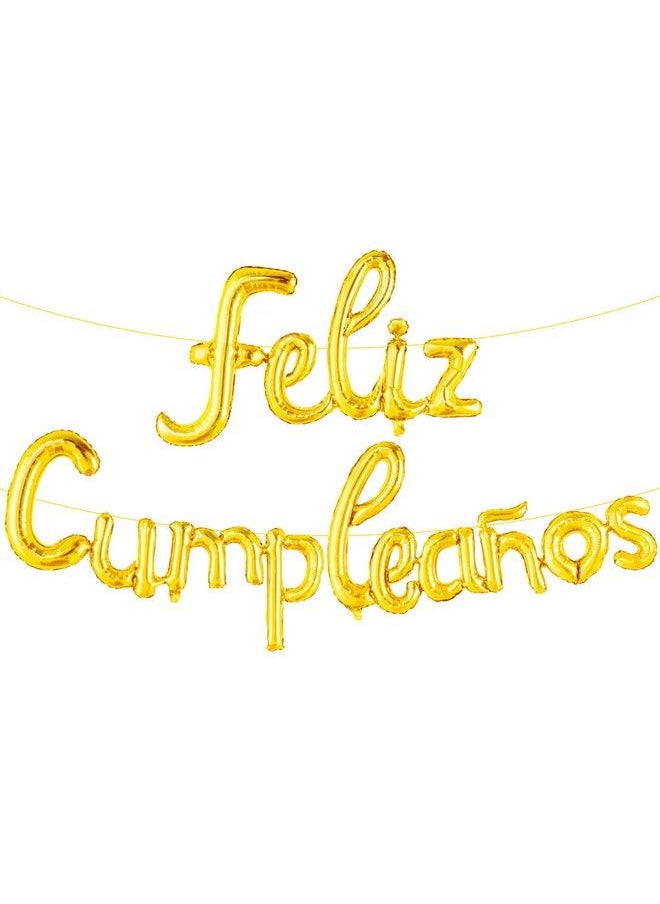 KATCHON Gold Feliz Cumpleanos Banner Balloon 16 Inch ; Script Feliz Cumpleaños Balloons For Feliz Cumpleanos Decorations ; Cursive Happy Birthday Balloons Banner For Spanish Birthday Decorations  - Image 1