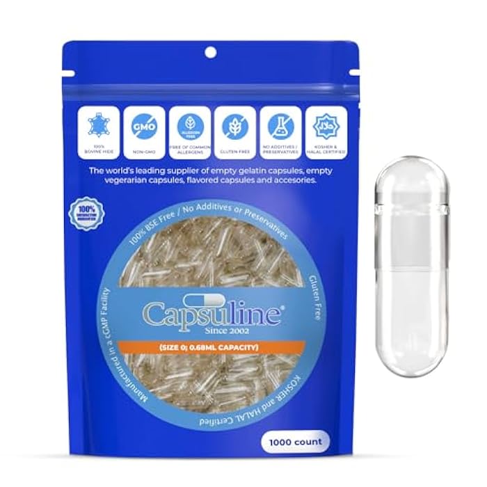 Capsuline كبسولات كابسولين بحجم 0 فارغة من الجيلاتين، شفافة - 1000 عد | خالية من الغلوتين، كوشير، معتمدة غير معدلة وراثيًا | كبسولات بقرية نقية لملء المكملات بنفسك - Image 1