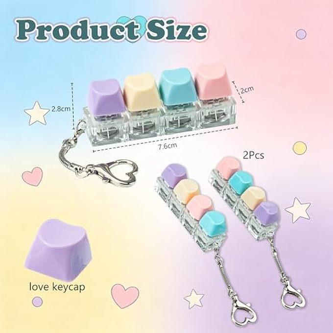 TIMSEKER 2 Pcs Cute Heart Keyboard Fidget Toy for Adult with LED Light, Multi-Functional Clicky Keyboard Fidget Keychain, Anxiety Relief Items, White and Multicolored Clear Keycap Tester - Image 2