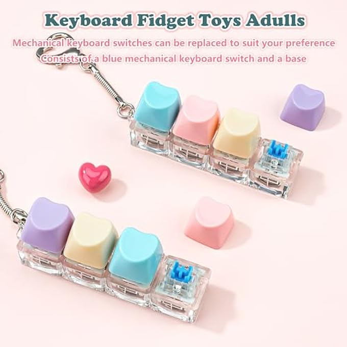 TIMSEKER 2 Pcs Cute Heart Keyboard Fidget Toy for Adult with LED Light, Multi-Functional Clicky Keyboard Fidget Keychain, Anxiety Relief Items, White and Multicolored Clear Keycap Tester - Image 3