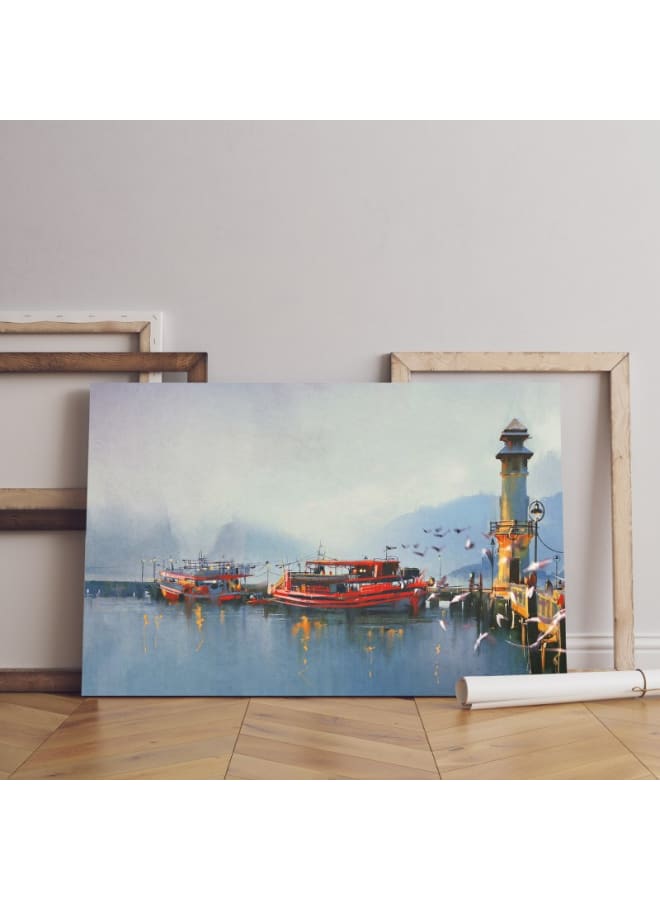 Home Gallery Fishing boat and lake at the morning Printed Canvas wall art 120x80 - Image 1