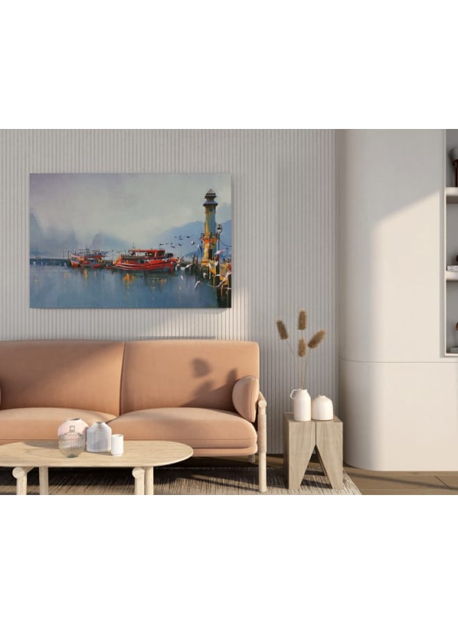 Home Gallery Fishing boat and lake at the morning Printed Canvas wall art 120x80 - Image 4