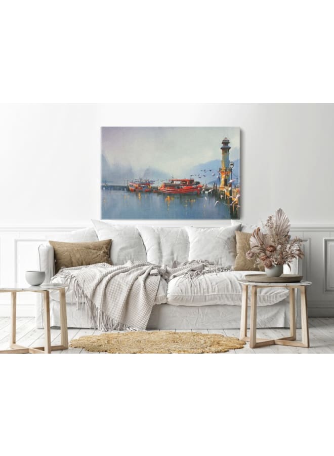 Home Gallery Fishing boat and lake at the morning Printed Canvas wall art 120x80 - Image 5