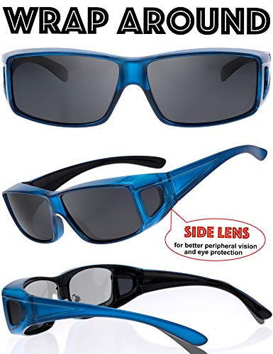 The Fresh High Definition Polarized Wrap Around Shield Sunglasses for Prescription Glasses - Gift Box Package (F703-Crystal Blue, Grey(Including side lens)) - Image 2