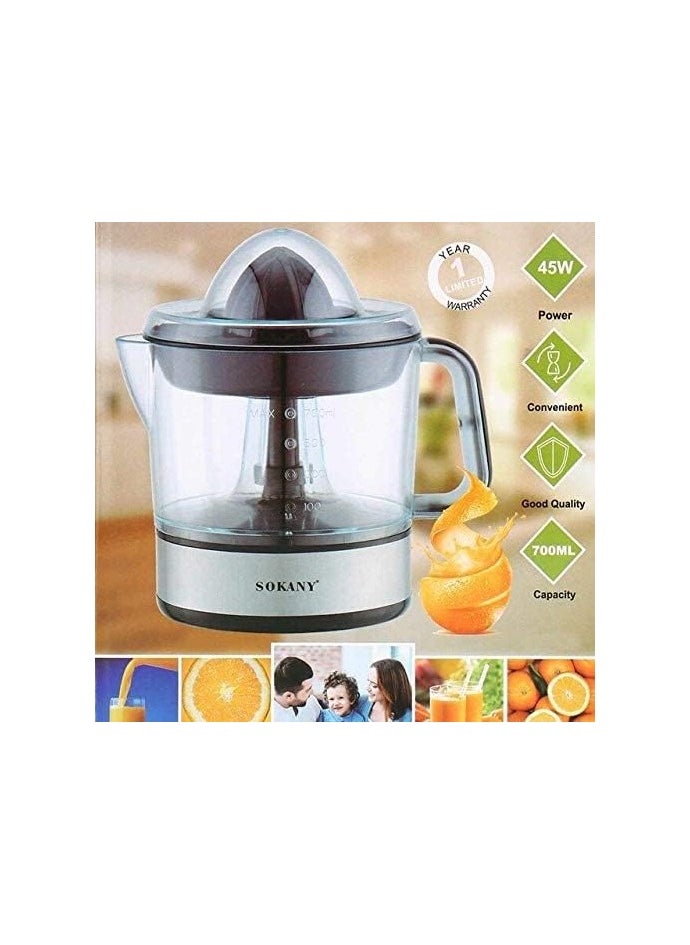 sokany Sukani Electric Orange Juicer, 700 ml, 45 Watt, Stainless Steel and Black  - Image 1