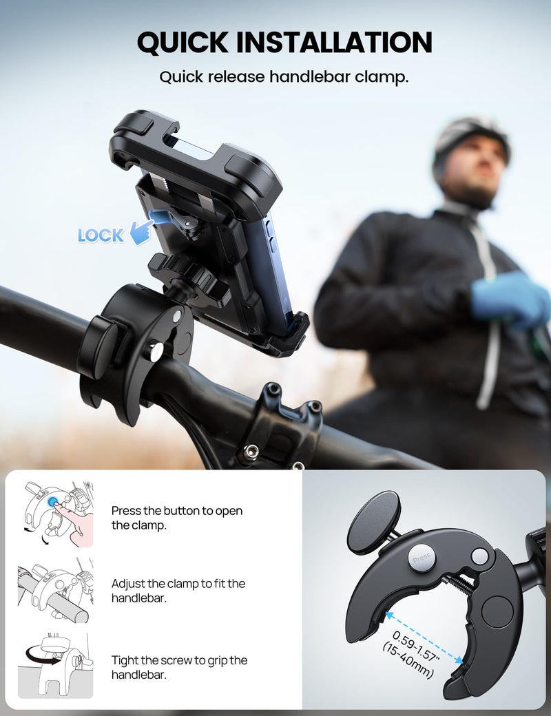 Lamicall Motorcycle Phone Mount, Bike Phone Holder - Upgrade Quick Install Handlebar Clip for Bicycle Scooter, Cell Phone Clamp for iPhone 16 15 Pro Max/ 14/13, Galaxy S10 and More 4.7-6.8" Phone - Image 4