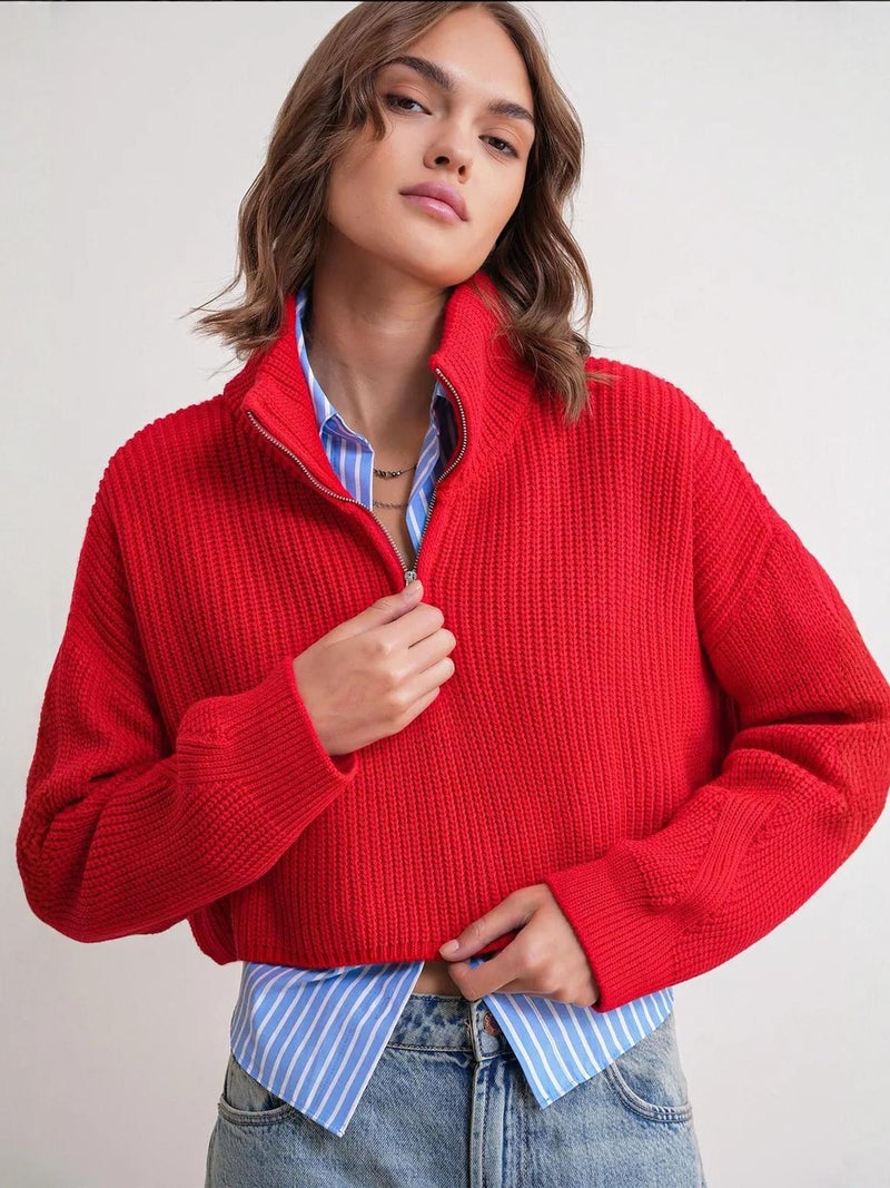 Mixray Textured Long Sleeve Zipped Collar Sweater - Image 1