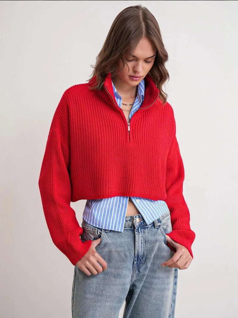Mixray Red Mixray Textured Long Sleeve Zipped Collar Sweater for Women | Best Price UAE