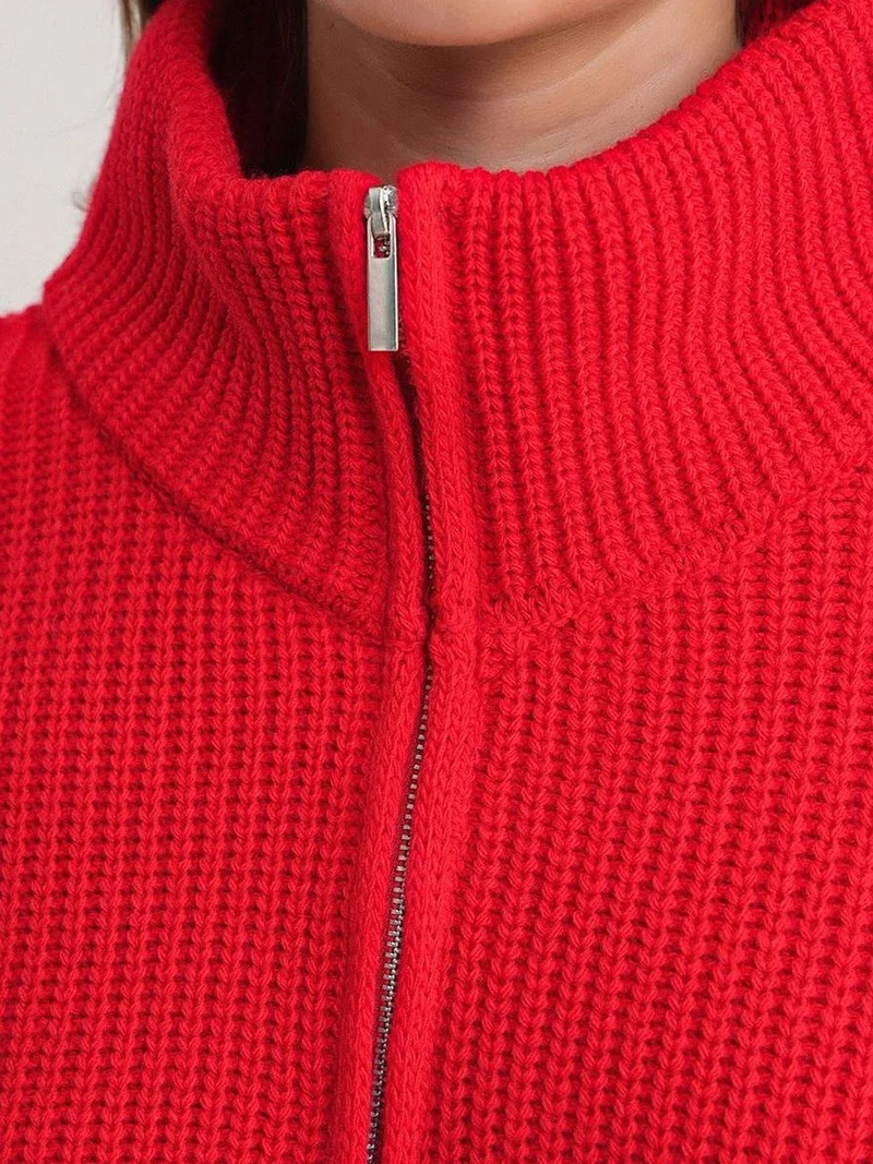 Mixray Red Mixray Textured Long Sleeve Zipped Collar Sweater for Women | Best Price UAE