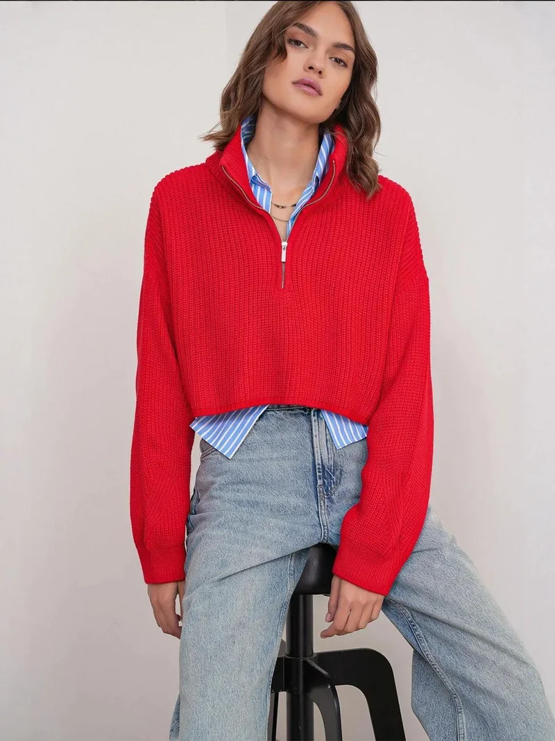 MixRay Mixray Textured Long Sleeve Zipped Collar Sweater