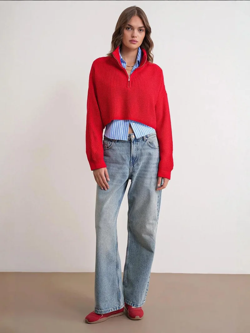 Mixray Red Mixray Textured Long Sleeve Zipped Collar Sweater for Women | Best Price UAE