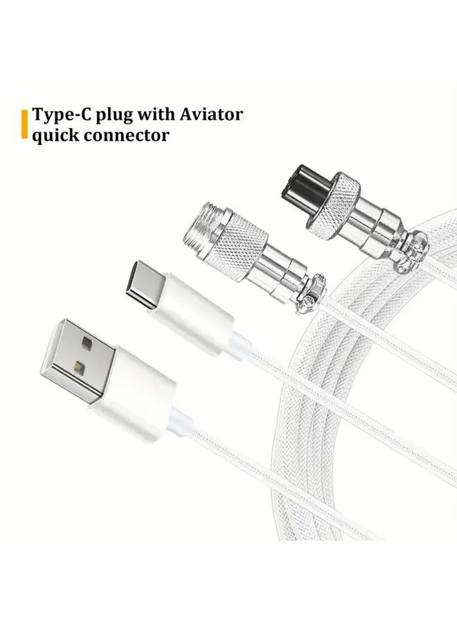 كابل لوحة مفاتيح ميكانيكي أبيض مضفر من USB A إلى Type C مع موصل طيران، سلك زنبركي معدني متين وسلك بيانو لأجهزة الكمبيوتر المكتبية - Image 2