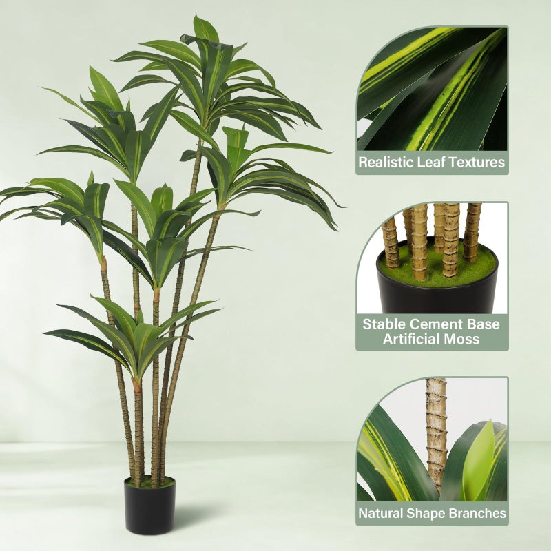 TIMBERHIDE 5FT Artificial Tree Dracaena Plant in Decorative Pot-Realistic Fake Plant for Indoor Outdoor Use,Home Office Living Room Decor,Real Touch Leaves,Housewarming Gift,Black Planter - Image 3