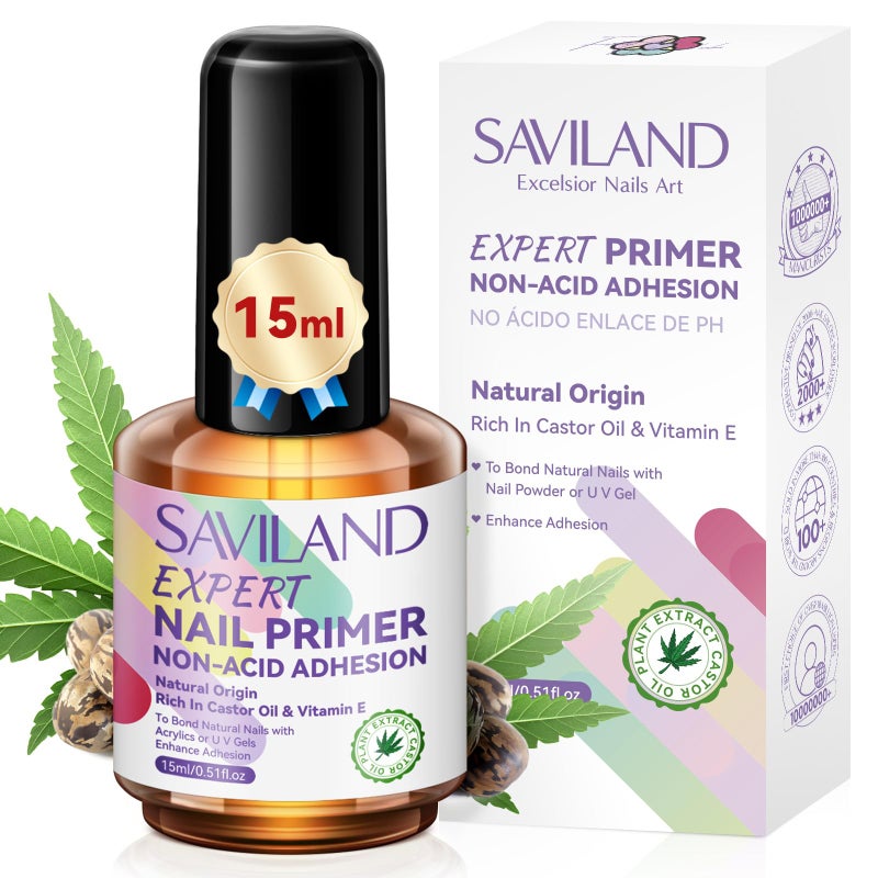 SAVILAND Nail Primer No Lift: 2024 Acid Free Primer Nail Prep Bond with Vitamin E Ingredient Castor Oil for Gel Acrylic Dip Nails, Ultra-Strong Adhesion Protein Nail Bond Nail Supplies Home Salon - Image 1