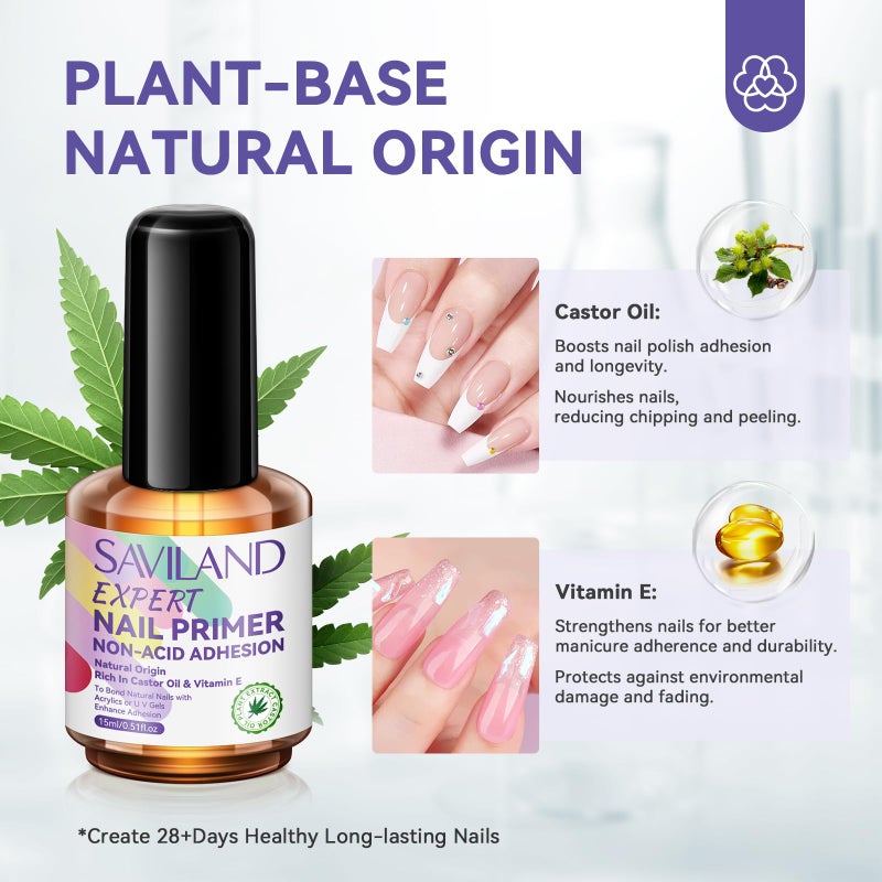 SAVILAND Nail Primer No Lift: 2024 Acid Free Primer Nail Prep Bond with Vitamin E Ingredient Castor Oil for Gel Acrylic Dip Nails, Ultra-Strong Adhesion Protein Nail Bond Nail Supplies Home Salon - Image 3