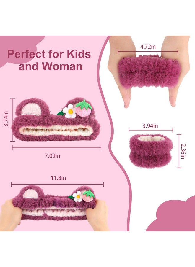 Cavetee 3 Piece Pink Bear Ears Headband Set - Elastic Headband, Wristband For Women, Girls Wash Face, Skincare, Shower - Image 3