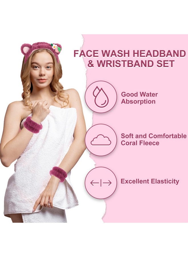 Cavetee 3 Piece Pink Bear Ears Headband Set - Elastic Headband, Wristband For Women, Girls Wash Face, Skincare, Shower - Image 4