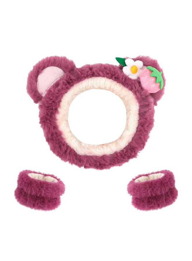 Cavetee 3 Piece Pink Bear Ears Headband Set - Elastic Headband, Wristband For Women, Girls Wash Face, Skincare, Shower - Image 1