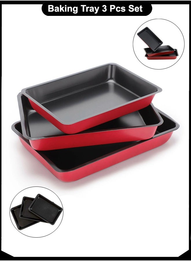 A TO Z Non-Stick Baking Tray Set – 3 Pcs Red Roasting Pans (28, 34, 40.5 cm) – Carbon Steel, Multipurpose Oven Trays for Cake, Cookies, Pizza & Roast – Easy to Clean & Stackable  - Image 4