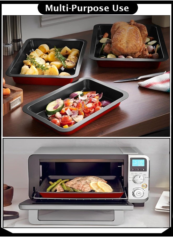 A TO Z Non-Stick Baking Tray Set – 3 Pcs Red Roasting Pans (28, 34, 40.5 cm) – Carbon Steel, Multipurpose Oven Trays for Cake, Cookies, Pizza & Roast – Easy to Clean & Stackable  - Image 5