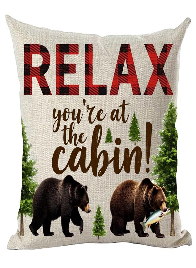 Ramirar Red Brown Word Art Quote Relax You are at The Cabin Bears Froest Trees Decorative Throw Pillow Cover Case Home Living Room Bed Sofa Car Cotton Linen Square 18 x 18 Inches - Image 1