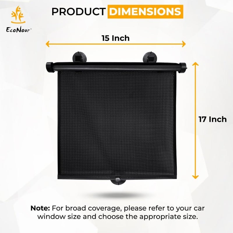 إيكونور EcoNour Car Side Window Sun Shade (عبوة من 2 قطع) ظلال شمسية قابلة للسحب مع 2 كؤوس شفط للأطفال حماية من الأشعة فوق البنفسجية ووهج الشمس إكسسوارات سيارات للأطفال (15"x17") - Image 2