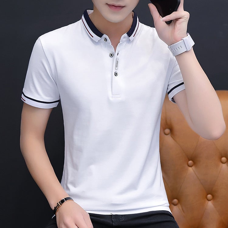 Polo Shirt Mens Summer Solid Color Cotton Business Casual Short-sleeved T-shirt Set Breathable Sweat-absorbent LOGO Cross-border Hair Black - Image 2