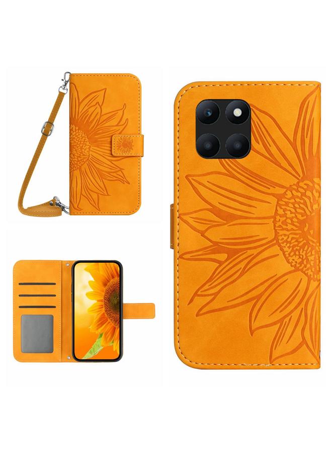 Green Tiger For Honor X8b Skin Feel Sun Flower Pattern Leather Phone Case with Lanyard(Yellow)