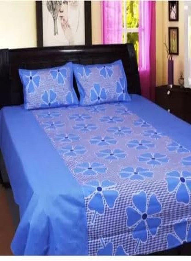 Decorum Glace Cotton 3D Blue Big Flower Print Bedsheet with 2 Pillow Cover 90 x 90 Inch (Blue) - Image 1