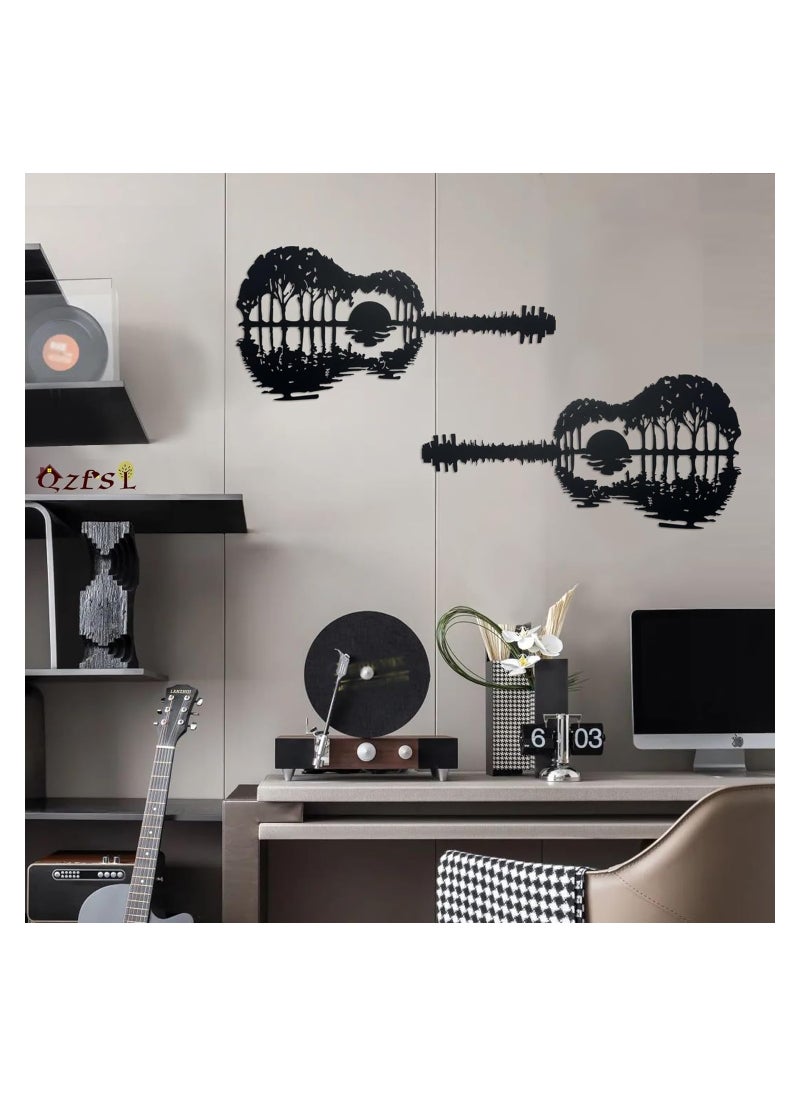 SYOSI - 17'' Guitar Wall Art, Modern Hollow Out Design, Metal Guitar Art Music Wall Decor, Abstract Sunset Hanging Sign Guitars Player Gift, for Music Lovers for Modern Home, Bedroom, Living Room(1 Pack) - Image 1