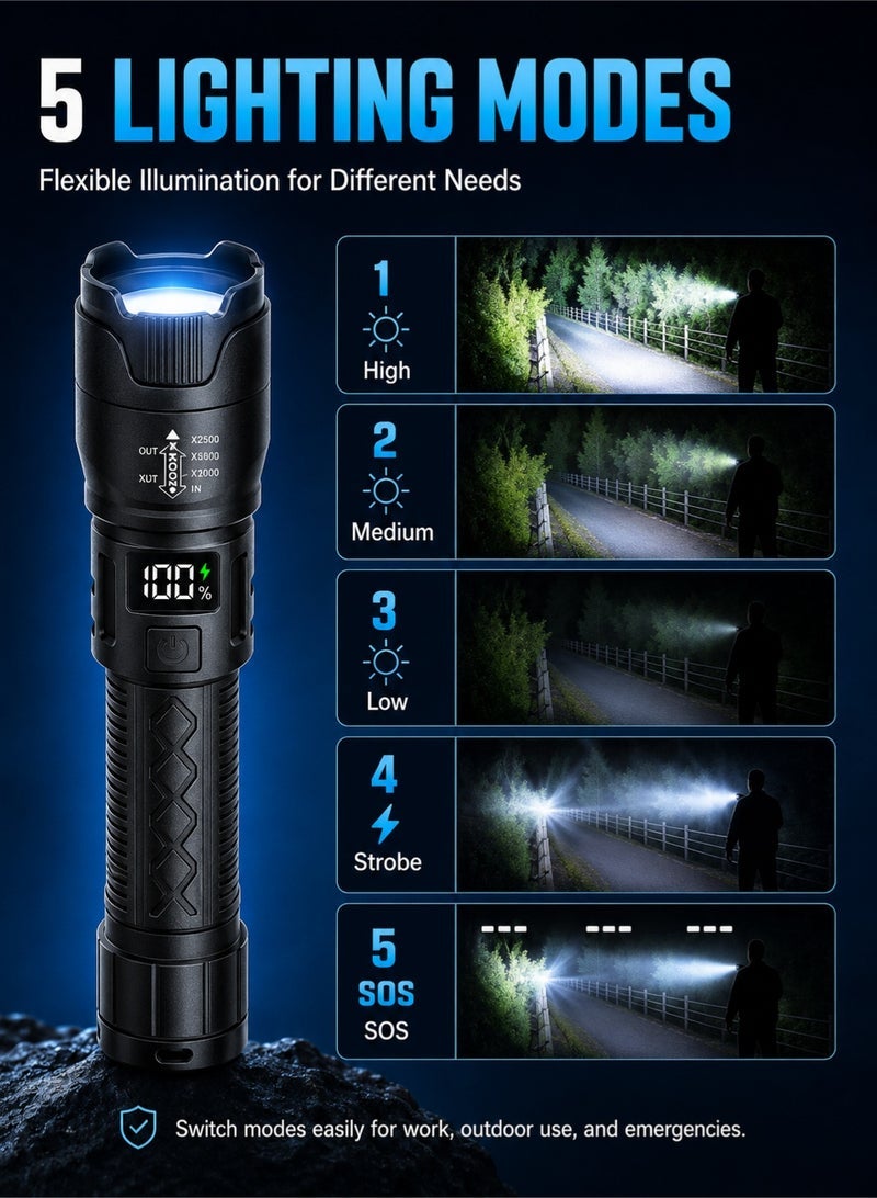 Monda Rechargeable Lumens High Power LED Flashlight, Tactical Flashlight with Zoomable, 3 Modes, Waterproof, Ideal for Camping, Hiking, Emergencies Emergency Supplies - Image 4