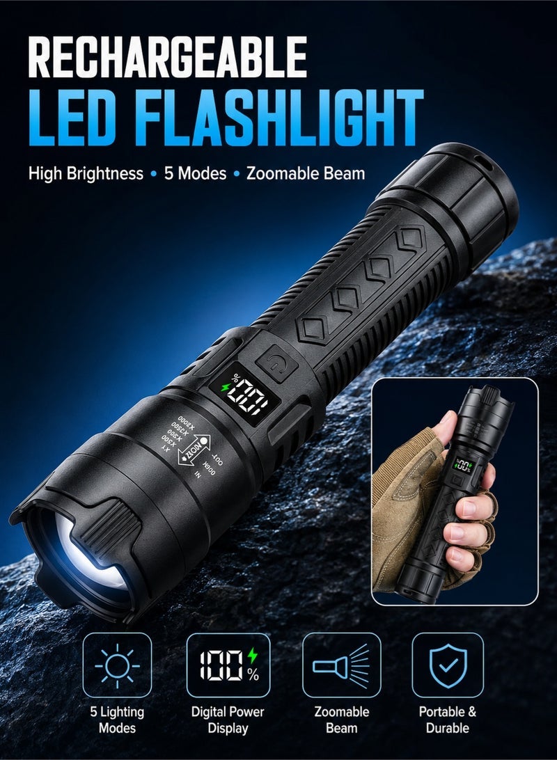 Monda Rechargeable Lumens High Power LED Flashlight, Tactical Flashlight with Zoomable, 3 Modes, Waterproof, Ideal for Camping, Hiking, Emergencies Emergency Supplies - Image 1
