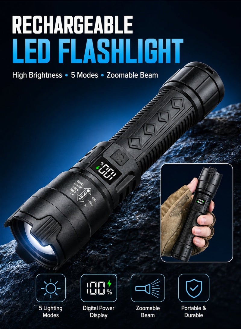Monda Rechargeable Lumens High Power LED Flashlight, Tactical Flashlight with Zoomable, 3 Modes, Waterproof, Ideal for Camping, Hiking, Emergencies Emergency Supplies - Image 2