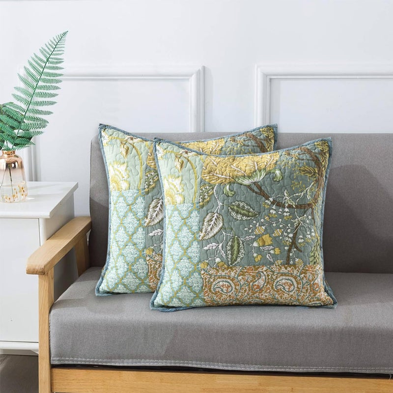 NEWLAKE Green Bohemian Floral Style Cotton Throw Pillow Covers (2 Pieces, 18X18 Inch) - Image 1