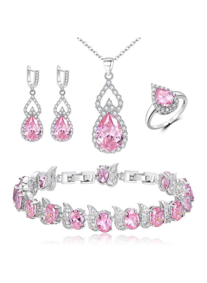 BriLove Wedding Jewelry Set For Women Bride Bridesmaid Gorgeous Cubic Zirconia Teardrop Necklace Earrings Bracelet Adjustable Ring Set Gift For Birthday Anniversary Pink Silvertone - Image 1
