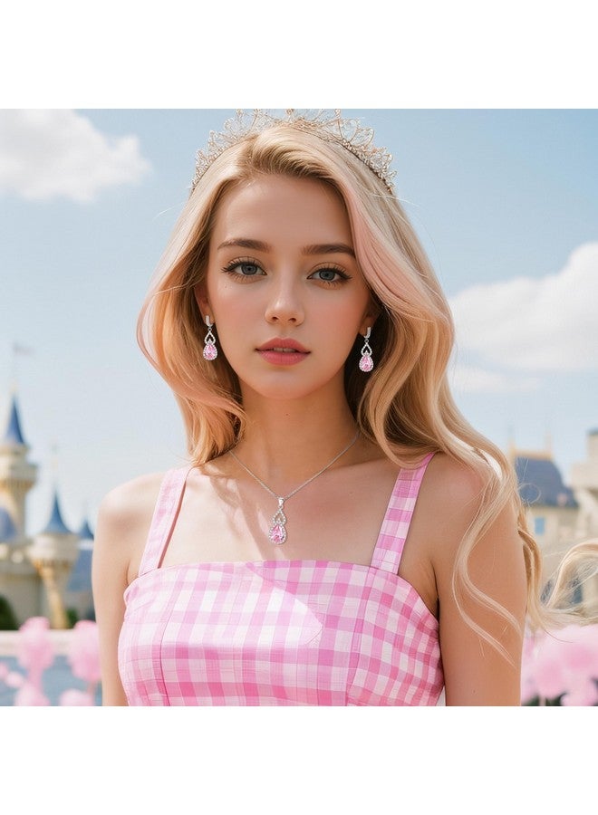 BriLove Wedding Jewelry Set For Women Bride Bridesmaid Gorgeous Cubic Zirconia Teardrop Necklace Earrings Bracelet Adjustable Ring Set Gift For Birthday Anniversary Pink Silvertone - Image 3