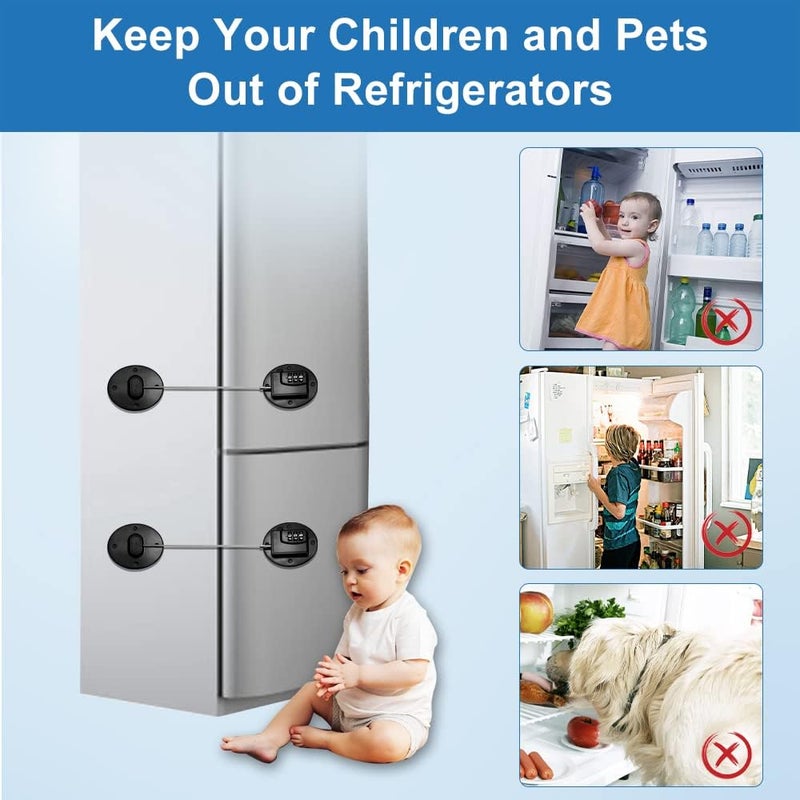 Mini Fridge Locks for Kids & Adults - 4 Pack No Drill Refrigerator Safety Locks, 3-Digit Combination Cabinet and Drawer Locks, Baby Proofing - Black - Image 2