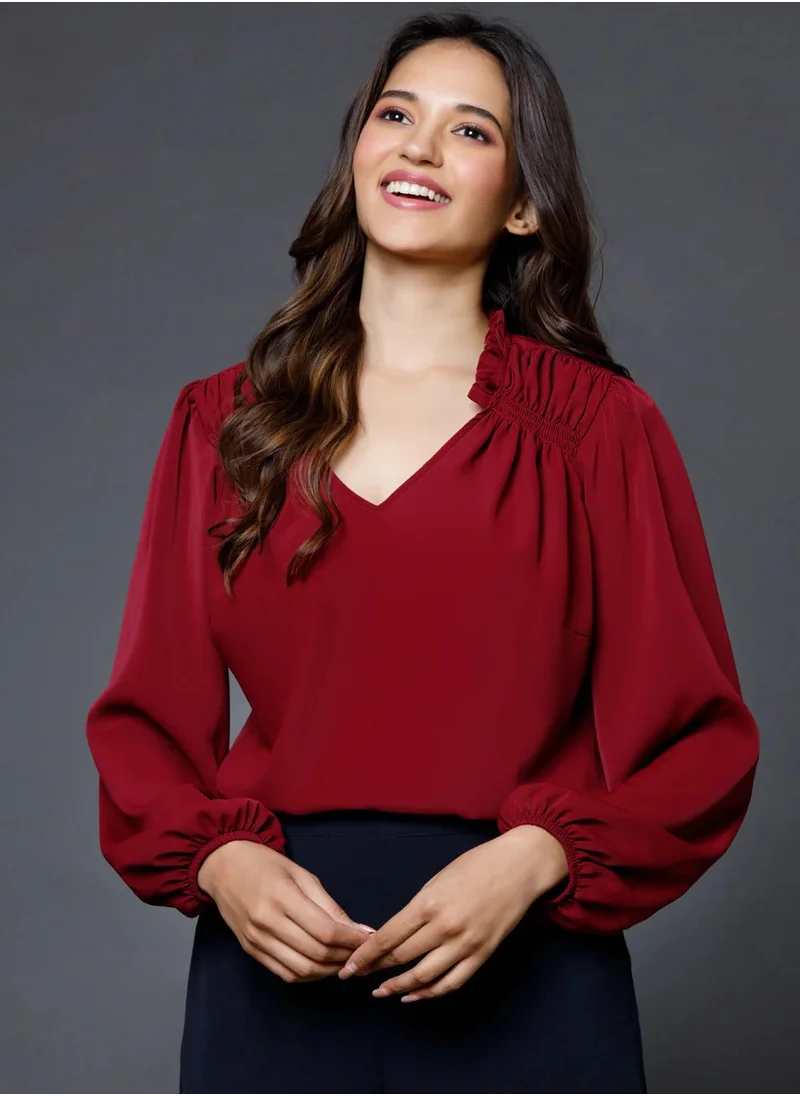 Zigzag Side smocking done solid maroon top