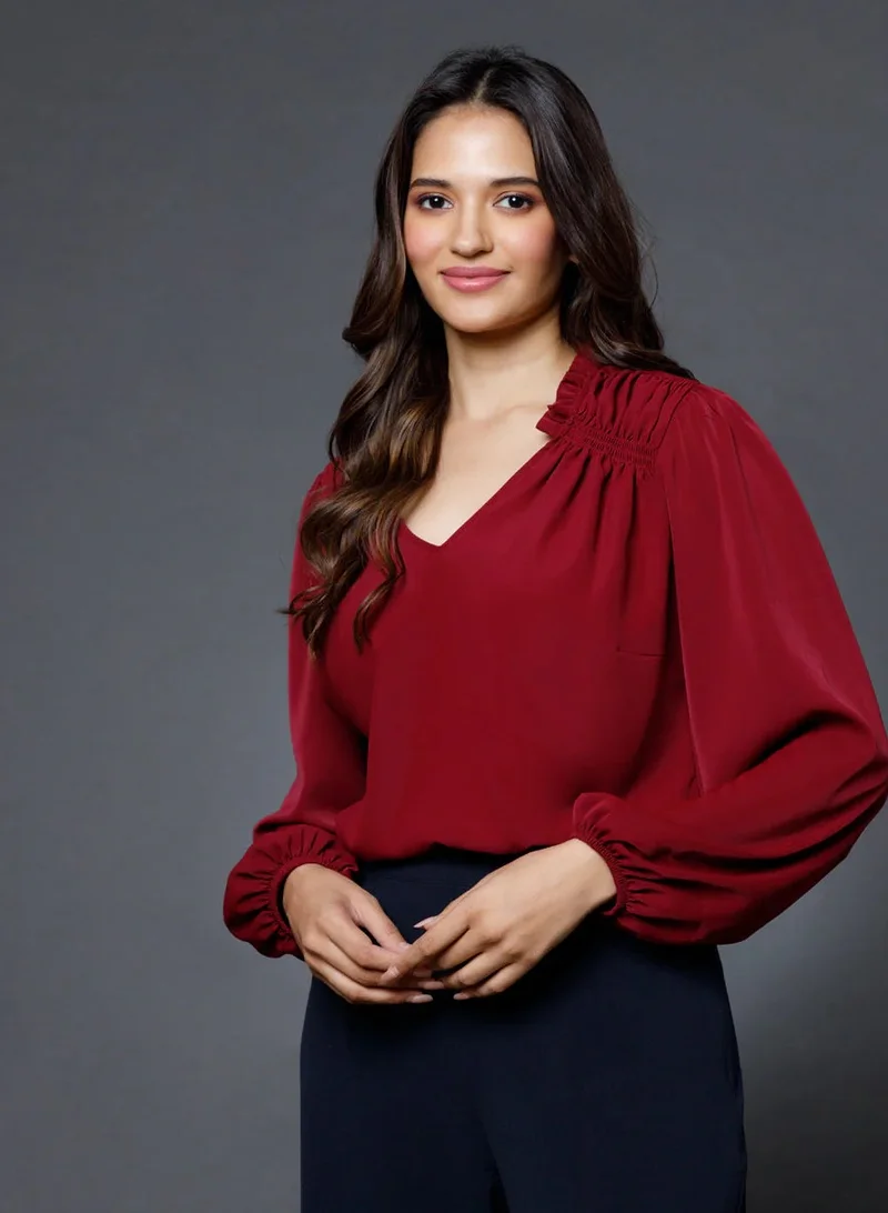 Zigzag Side smocking done solid maroon top