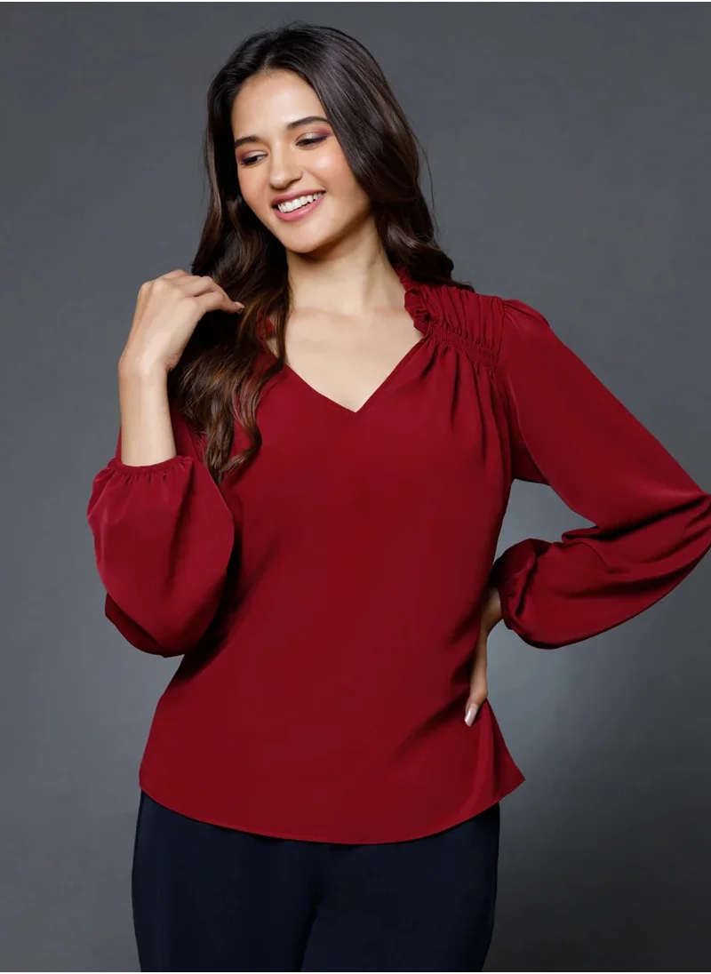 Zigzag Side smocking done solid maroon top