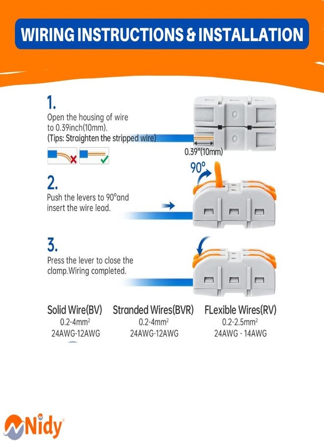 Nidy® 5Pcs Compact Lever Wire Nut Connector (1 in 3 Out), Splicing Wire Connector, Universal Quick Wiring Cable Connection Push-in Conductor Terminal Block CE & RoHS Certified, 28-12 AWG - Image 5