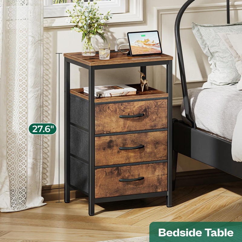 Huuger Nightstand with Charging Station, 27.6 Inch Bedside Table with Fabric Drawers, End Table with USB Ports and Outlets, Night Stand for Bedroom, Rustic Brown - Image 4
