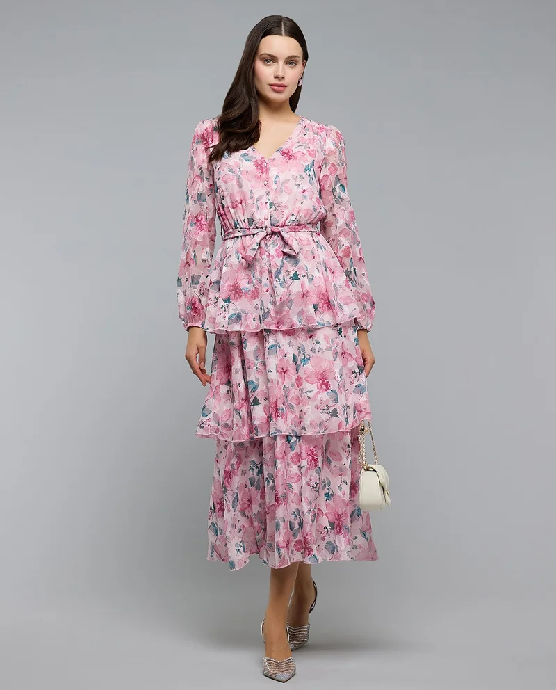 R&B Floral Patterned Midi Dress with V-Neck and Long Sleeves